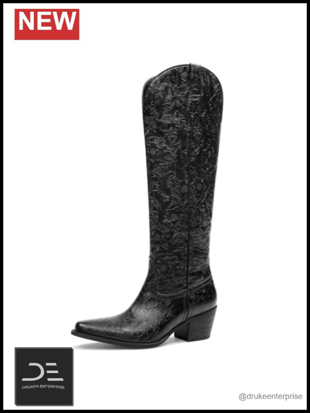 Women's Knee-High Cowgirl Boots Embossed Western Floral Pointed Toe Block Heel